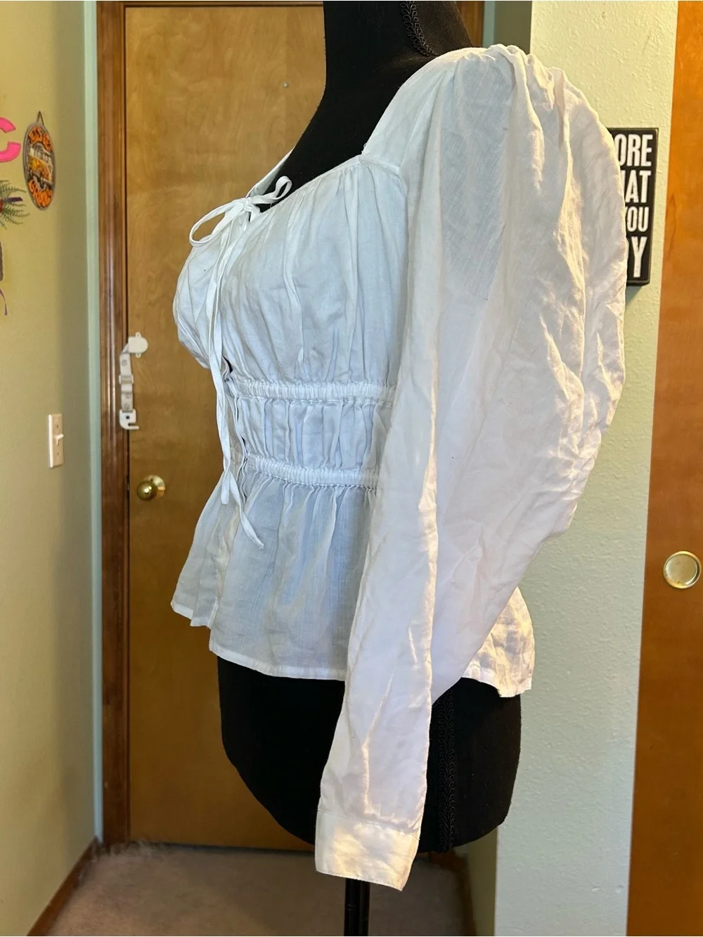 J. Crew white long puff sleeve button down square neck peplum cotton blouse 8